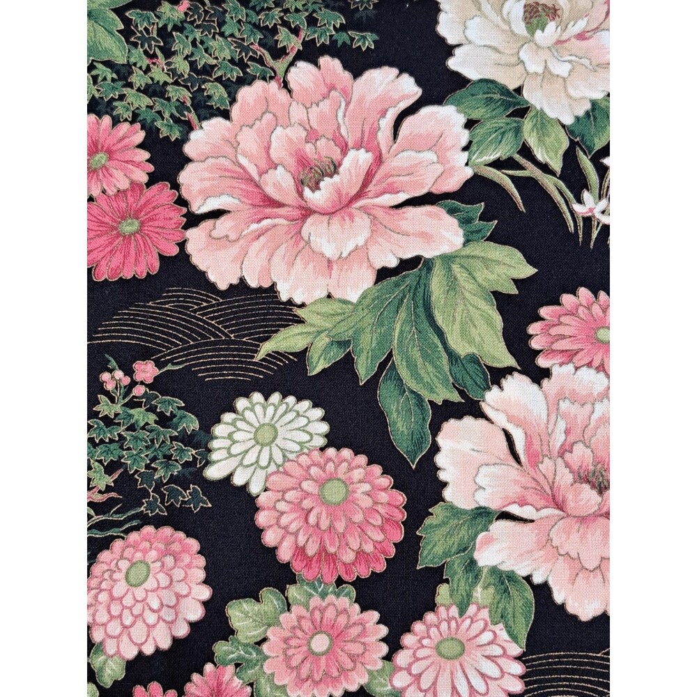 VIP Cranston Floral Cotton Fabric Pink & Green on Black 2 Pcs 215.5" (5.9 Yds)